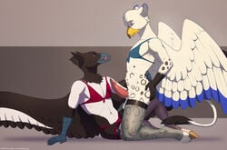 anthro avian balls bird bottomless bra clothed clothing crossdressing duo equine erection gryphon half-dressed hippogryph horse kneeling kumagoro lingerie lunalei magpie male male_only mammal multiple_males panties penis sephirothiel tongue underwear wings yaoi