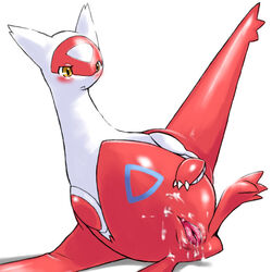 after_sex blush clitoris cum cum_in_pussy cum_inside cum_on_stomach female feral gaping gaping_pussy latias messy nintendo plain_background pokemon pokemon_(species) pussy solo video_games white_background wkar