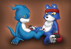 2boys 3_toes 5_fingers anthro bandai blue_fur blue_skin blush canine chest_tuft claws closed_eyes digimon dragon duo foot_fetish footjob fur gaomon gay gloves horn male male_only mammal markings pawpads paws penis precum reykay sitting toe_claws toes tuft veemon white_fur white_skin yaoi yellow_eyes