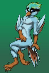 1boy 2014 anthro avian beak bird covering erection feathers indochinese_green_magpie looking_at_viewer male male_only nude penis plain_background solo swizzlestix tail_feathers teasing vojt