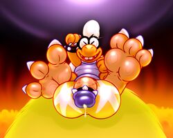 3_toes abstract_background balls big_balls claws eyewear glasses hair hyper hyper_balls hyper_feet iggy_koopa koopa koopaling male mario_(series) nintendo orange_skin penis precum scalie smile solo submissive_pov super_mario_world toe_claws toes vein veiny_penis white_hair yowesephth