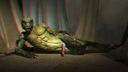 3d 3d_anaglyph anaglyph anthro green_skin lizard looking_at_viewer lying male on_side penis reptile reptilian scalie solo wooky