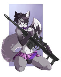 2015 anthro canine clothing collar demicoeur erection fox fur furry furry_only girly gun licking male male_only mammal penis poking_out ranged_weapon rifle skirt sniper_rifle solo tail tattoo teasing tenting tongue tongue_out underwear weapon