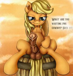 2014 animal_genitalia animated applejack_(mlp) balls barrel bedroom_eyes blonde_hair cock_pointing_towards_viewer ear_piercing earth_pony english_text equine feral freckles friendship_is_magic fur green_eyes hair horse horsecock long_hair looking_at_viewer male mammal my_little_pony neko-me orange_fur penis piercing pony precum rule_63 sitting solo straw submissive_pov text