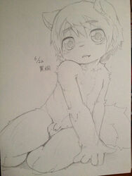 1boy anthro balls big_eyes eyebrows flaccid hair kemono looking_at_viewer male male_only monochrome nipples nude open_mouth penis plain_background pose sirotae_konnta sitting sketch solo young