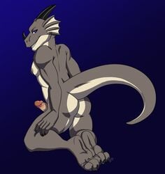 1boy anthro ass blithedragon blue_eyes dragon erection horn humanoid_penis looking_at_viewer looking_back male male_only nude paws penis piercing presenting presenting_hindquarters raised_tail scalie solo teasing turi_shadowscale