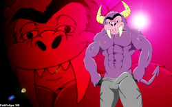 2008 bulge cartoon_network clothed clothing eduardo_(fhfif) erection fabfelipe fangs foster's_home_for_imaginary_friends fur grey_background half-closed_eyes half-dressed hand_on_hip horn imaginary_friend looking_at_viewer male male_only monster muscles navel penis pinup pose purple_fur smile solo standing topless tuft unibrow zoom_layer