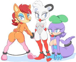 ass barby_koala blush bondage bound cloudz corset erma_ermine ermine female gag gagged gloves group handcuffed koala legwear mammal marsupial mustelid navel nipples plain_background pussy seal sealia_seal sega sonic_(series) stockings white_background