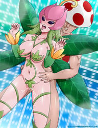 2015 4_wings bandai big_breasts blush breasts clothed clothing crossover cum cum_in_pussy cum_inside digimon digimon_(species) duo fairy fairy_wings female flower green_hair hair hat hi_res leaf leaf_wings leaves lillymon male mario_(series) muscles nails navel nintendo open_mouth plant plant_girl purple_eyes saliva shirt standing stormfeder toad_(mario) tongue tongue_out vine_hair vines wings