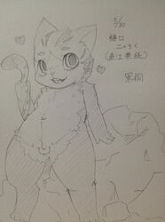 big_eyes eyebrows feline heart kemono leaning male male_only mammal monochrome nipples penis plain_background pose rock sirotae_konnta sketch small_penis solo standing