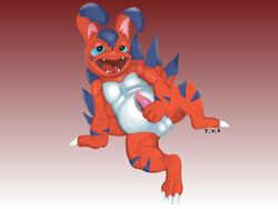 1boy bandai chubby digimon elecmon erection fangs gradient_background half-closed_eyes leaning long_ears male male_only masturbation musclegut muscles no_nipples open_mouth pecs penis reclining seyrmo signature sitting solo stripes tapering_penis testicles tongue