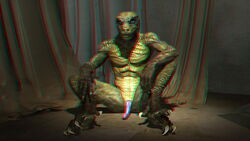 3d 3d_anaglyph anaglyph anthro green_skin lizard male penis reptile reptilian scalie sitting solo spread_legs spreading wooky