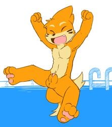 1boy 2014 3_toes 4_fingers anthro balls buizel closed_eyes fur male male_only muscles nintendo oob open_mouth orange_fur pawpads paws penis pink_penis pokemon pool sharp_teeth smile solo teeth toes video_games water