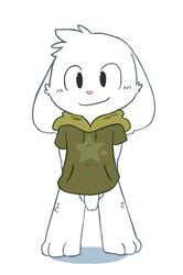 1boy anthro balls black_eyes bottomless cave_story clothed clothing fur half-dressed hoodie lagomorph looking_at_viewer male male_only mammal mimiga oob penis smile solo video_games white_fur