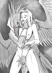 anthro avian beak breasts duo feathered_wings feathers female fingering greyscale human human_on_anthro interspecies male mammal monochrome nipples nude sex spot_color spread_wings standing straight syrinoth wings