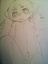 1boy :3 anthro balls big_eyes cum cum_on_balls erection eyebrows hair kemono lying male male_only monochrome navel nipples nude penis plain_background sirotae_konnta sketch solo young