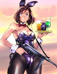 1girls alcohol bowtie breasts brown_eyes brown_hair bunny_ears clouds detached_collar drinks fake_animal_ears fishnet_pantyhose fishnets grenade gun holding_tray kamisimo_90 large_breasts leotard looking_at_viewer machine_gun medium_hair original outside pantyhose playboy_bunny purple_leotard sky submachine_gun sunset tray weapons wrist_cuffs