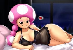 1girls 2024 2024s aged_up ai_generated bed bedroom big_breasts blush breasts female female_focus female_only heart humanoid lingerie looking_at_viewer mario_(series) mushroom_cap mushroom_girl mushroom_humanoid nightgown nintendo novelai on_bed on_side pillow seductive_look smile smiling_at_viewer solo super_mario_bros. thick_thighs toadette twintails wide_hips window