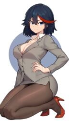 1girls big_breasts black_hair blue_eyes busty cleavage female high_heels kill_la_kill light-skinned_female light_skin looking_at_viewer matoi_ryuuko moursho nylons office_lady pantyhose red_high_heels red_strand_of_hair skirt smile suit_jacket unbuttoned_shirt