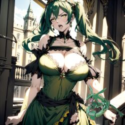 ai ai_generated castle dress green_hair headdress huge_breasts humanization nintendo pokemon pokewomen rayquaza rayza standing twintails yellow_eyes