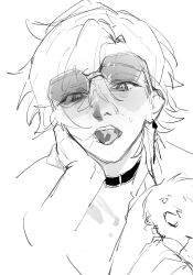 2boys absurdres aventurine_(honkai:_star_rail) collar cum cum_in_mouth cum_on_eyewear cum_on_tongue earrings facial greyscale highres honkai:_star_rail honkai_(series) jewelry male_focus mob monochrome multiple_boys short_hair sunglasses user_krmr4547 yaoi