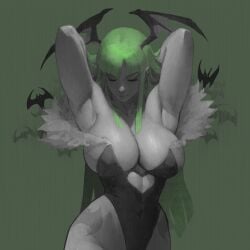 1girls armpits arms_up bat bat_wings big_breasts busty capcom cleavage darkstalkers female female_only grayscale green_hair heart_cutout ickpot morrigan_aensland small_waist solo succubus thick_thighs thighs tight_clothing wings