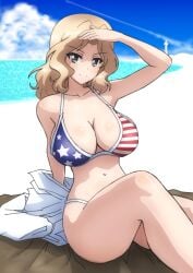 1girls american_flag_bikini armpits beach bikini blonde_hair breasts bukkuri cleavage color colored girls_und_panzer huge_breasts kay_(girls_und_panzer) legs sand solo solo_female solo_focus swimsuit wide_hips