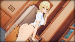 1girls ass big_butt blonde_hair coffee female female_only genshin_impact hoyoverse koikatsu light-skinned_female light_skin looking_at_viewer lumine_(genshin_impact) nyxxzeiss panties short_hair solo solo_female standing teacup yellow_eyes