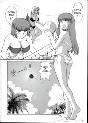 2002 3girls ass athletic athletic_female ayane_(doa) beach big_breasts bikini black_and_white breasts bubble_butt busty cleavage clothed clothed_female clothing comic dead_or_alive dead_or_alive_xtreme_beach_volleyball dialogue doujin doujinshi female female_focus female_only harem hitomi_(doa) hourglass_figure kamitsuki_manmaru light-skinned_female light_skin long_hair monochrome outdoors outside page_4 short_hair speech_bubble survivor!!_(dead_or_alive_xtreme_beach_volleyball)_(comic) tagme tina_armstrong underboob volleyball wide_hips