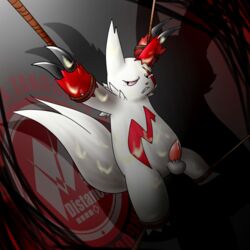 arms_above_head balls bm_proto_06 bondage bound clenched_teeth cum cum_covered cum_on_arms cum_on_ears cum_on_leg cum_on_penis cum_on_stomach cum_on_tail english_text erection excessive_cum half-closed_eyes male messy nintendo penis pokemon pokemon_(species) rope_bondage shadow solo tears teeth text video_games zangoose