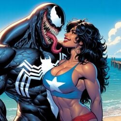 1boy 1girls ai_generated america_chavez american avengers big_breasts black-skinned_male black_body black_hair cleavage dark-skinned_female earrings long_hair long_tongue looking_at_another love marvel marvel_comics muscular muscular_female muscular_male outside red_lipstick romance sharp_teeth smile spider-man_(series) superheroine symbiote tan-skinned_female tan_skin tongue tongue_out venom_(marvel)