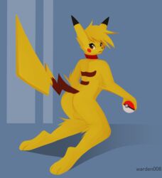 2015 anthro anthrofied ass backsack balls brown_eyes collar eyelashes fur girly hair kneeling looking_at_viewer looking_back male nintendo pikachu poke_ball pokemon rear_view solo times video_games warden006 yellow_fur