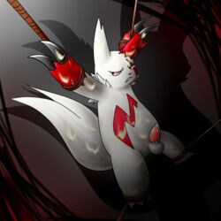 arms_above_head balls bm_proto_06 bondage bound clenched_teeth cum cum_covered cum_on_arms cum_on_ears cum_on_leg cum_on_penis cum_on_stomach cum_on_tail erection excessive_cum half-closed_eyes male messy nintendo penis pokemon pokemon_(species) rope_bondage shadow solo tears teeth text video_games zangoose