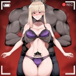 1boy 1girls ai_generated bare_legs bare_thighs big_breasts blonde_hair blush bra color dark-skinned_male dark_skin female hi_res interracial kitagawa_marin large_breasts light-skinned_female light_skin long_hair looking_at_viewer male male/female meepking muscles muscular muscular_male netorare ntr panties queen_of_spades recording red_eyes school_uniform sono_bisque_doll_wa_koi_wo_suru tagme thick_thighs underwear