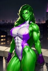 1girls abs ai_generated ass big_ass big_breasts breasts female female_only green_hair green_skin hulk_(series) jennifer_walters large_breasts leotard marvel marvel_comics muscles muscular muscular_arms muscular_female onesie she-hulk solo solo_female thick_thighs vitoryt