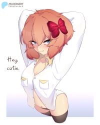 big_breasts doki_doki_literature_club flirting flirting_with_viewer half-closed_eyes half-dressed pink_hair raionart sayori_(doki_doki_literature_club) solo solo_female solo_focus thick_ass thick_thighs thighhighs