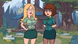 2girls american_dad blonde_hair bob_cut brown_hair camp_pinewood_remix danny_phantom eyebrows eyebrows_visible_through_hair eyelashes fence francine_smith green_shirt hand_on_own_hip large_breasts lipstick long_hair looking_at_viewer madeline_fenton miniskirt mountain name_tag necklace pink_lipstick purple_eyes red_lipstick short_hair skirt stockings taut_shirt thighs tight_clothing tree vaultman wide_hips