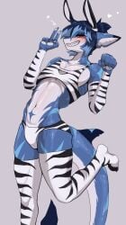 1boy animal_ears anthro anthro_only arm_warmers armwear blue_body blush blush_lines derio_(kakhao) femboy kakhao leg_up looking_at_viewer male male_only midriff peace_sign red_eyes scalie scalie_humanoid scalie_male scalie_only shark sharp_teeth smile smiling smiling_at_viewer solo striped striped_clothing striped_legwear striped_panties thigh_highs thighhighs thighs twink v