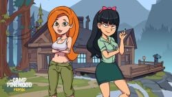 2girls bangs black_hair bow breasts camp_pinewood camp_pinewood_remix capris cigarette crop_top crossover disney disney_channel eyebrows eyebrows_visible_through_hair eyelashes female female_only ginger green_eyes green_shirt hair_ornament human jessica_lovejoy kim_possible kimberly_ann_possible large_breasts light-skinned_female lipstick miniskirt multiple_girls navel necklace orange_hair panties smiling tan-skinned_female taut_shirt the_simpsons watermark white_female