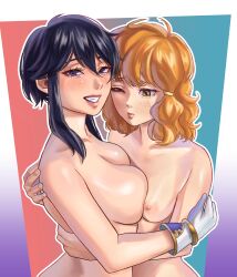 2girls ^_^ absurdres asymmetrical_docking black_hair blush breast_envy breast_press breasts closed_eyes commission female female_only fire_emblem fire_emblem:_genealogy_of_the_holy_war gloves heads_together highres hug lana_(fire_emblem) larcei_(fire_emblem) lewdybug looking_at_another looking_at_breasts looking_at_viewer medium_breasts multiple_girls naked_gloves nintendo nipples one_eye_closed open_mouth orange_hair pout short_hair sidelocks simple_background small_breasts smile teeth