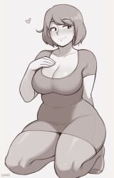 1girls beauty_mark big_breasts breasts cleavage dress dross female female_only heart kneeling light-skinned_female light_skin milf mommy monochrome ms_james_(dross) one_arm_behind_back one_hand_behind_back short_hair smile solo solo_female thick_thighs thighs