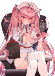 1girls azur_lane breasts chair choker clipboard crossed_legs garter_straps gloves hair_ornament holding_clipboard large_breasts light-skinned_female light_skin nurse nurse_cap nurse_uniform pen perseus_(azur_lane) perseus_(nursery_service_time)_(azur_lane) pink_eyes pink_hair royal_navy_(azur_lane) sitting_on_chair soukou_makura thighhighs twintails