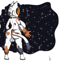 absurd_res anthro ass astronaut balls big_breasts breasts calico_cat domestic_cat felestell felid feline felis genitals gynomorph hi_res intersex mammal nude rear_view signature space standing tagme