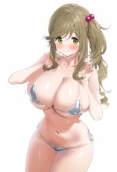 ai_generated artist_request beige_hair big_breasts bikini bikini_top green_eyes huge_breasts inuyama_aoi large_breasts light-skinned_female light_skin looking_at_viewer side_ponytail simple_background smiling stable_diffusion voluptuous voluptuous_female white_background yurucamp