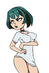 1girl 1girls black_eyes black_hair bottomless camp_pinewood camp_pinewood_remix cleavage collar female green_hair green_lipstick gwen_(tdi) looking_away nipples no_panties no_pants solo tagme total_drama_island transparent_background two_tone_hair vaultman white_shirt wide_hips