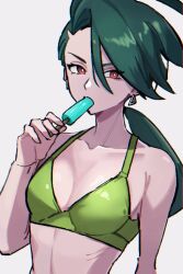 1girls breasts earrings eating food green_hair nobabys_perfect_(artist) pokemon popsicle rika_(pokemon) small_breasts solo tagme teal_hair upper_body