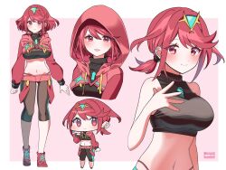 1girls alternate_costume black_crop_top bob_cut breasts capri_pants chibi core_crystal crop_top cropped_hoodie cute earrings full_body hood_up hoodie kotohatoko510 large_breasts looking_at_viewer midriff navel nintendo ponytail pyra red_eyes red_hair red_hoodie red_shorts running_shoes short_hair short_shorts shorts sneakers standing tiara xenoblade_(series) xenoblade_chronicles_2