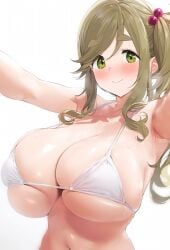 ai_generated artist_request beige_hair big_breasts bikini bikini_top breasts_bigger_than_head green_eyes huge_breasts inuyama_aoi large_breasts light-skinned_female light_skin looking_at_viewer side_ponytail simple_background smiling stable_diffusion voluptuous voluptuous_female white_background yurucamp