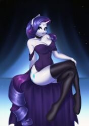 1female 1girls 2024 alternate_version_available anthro arm_strap black_legwear black_thighhighs blue_hair cleavage crossed_legs cutie_mark female female_only furry hasbro horn large_breasts legwear mlp my_little_pony purple_clothing purple_dress rarity_(mlp) solo solo_female strapless thick_thighs thighhighs twitter twitter_link unicorn unicorn_horn white_body white_skin ych yutakira92