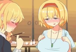 2d 2d_animation 3girls alice_margatroid animated areolae big_breasts blonde_hair blue_eyes blush breasts clothed_female embarrassed gomeifuku green_hair lifting_shirt light-skinned_female marisa_kirisame nipples no_sound pink_nipples pocky prank sanae_kochiya tagme touhou video